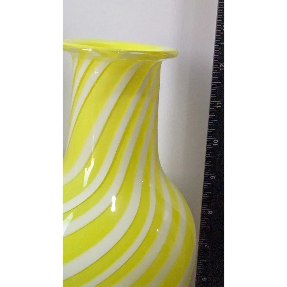 Vintage Yellow White Swirl Art Glass Vase Hand Blown Murano Style 12 Inch Urn